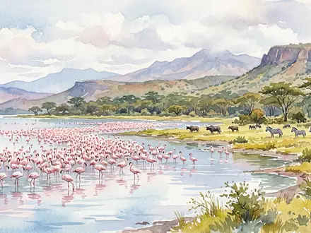 Aquarellillustration des Wahrzeichens Lake-Nakuru-Nationalpark in Nakuru Kenia, weiche Farbverläufe und pastelliges Reiseposter-Feeling - Foto: THN