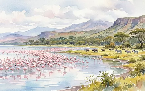 Aquarellillustration des Wahrzeichens Lake-Nakuru-Nationalpark in Nakuru Kenia, weiche Farbverläufe und pastelliges Reiseposter-Feeling - Foto: THN
