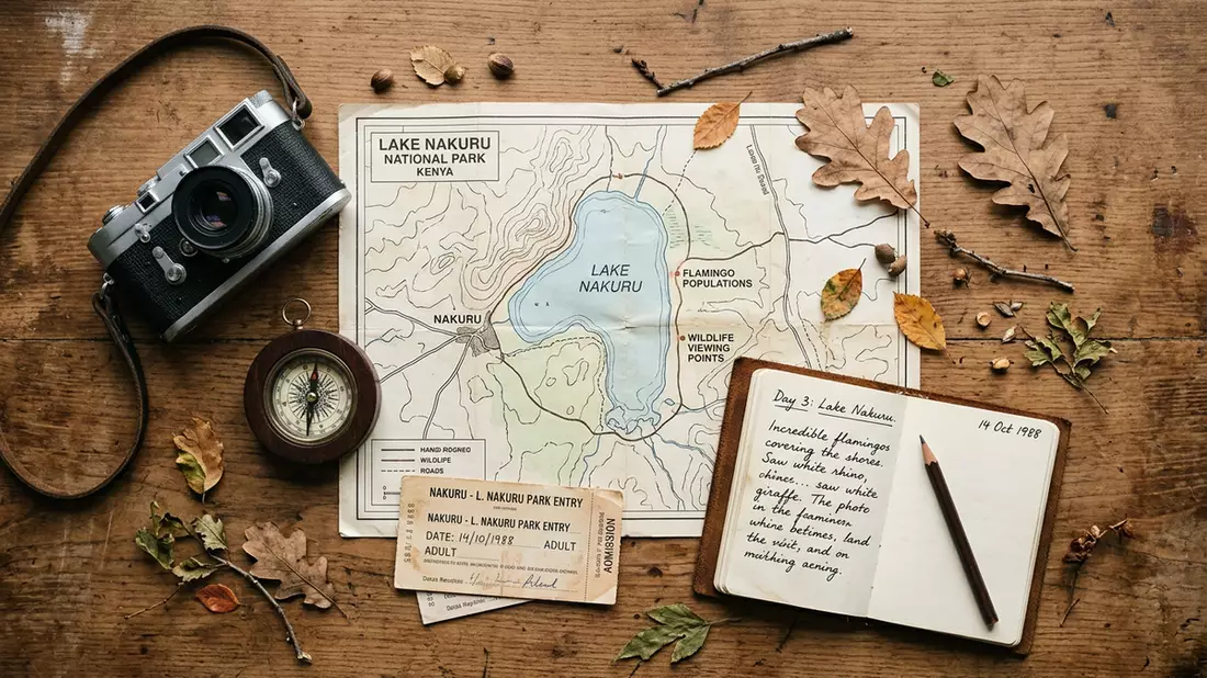 Flatlay-Reise-Arrangement rund um Lake-Nakuru-Nationalpark in Nakuru, Kenia