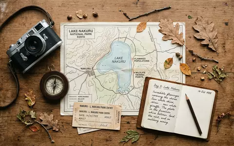 Flatlay-Reise-Arrangement rund um Lake-Nakuru-Nationalpark in Nakuru Kenia, Karte Kompass Kamera und generische Reiserequisiten - Foto: THN