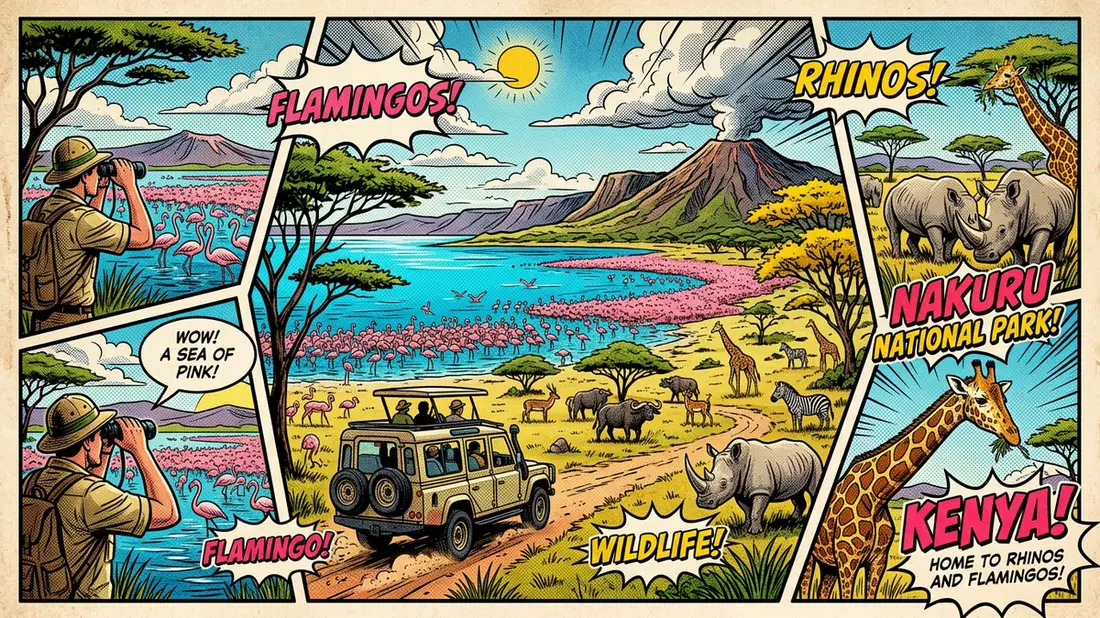 Pop-Art-Comic von Lake-Nakuru-Nationalpark in Nakuru, Kenia mit Rasterpunkten