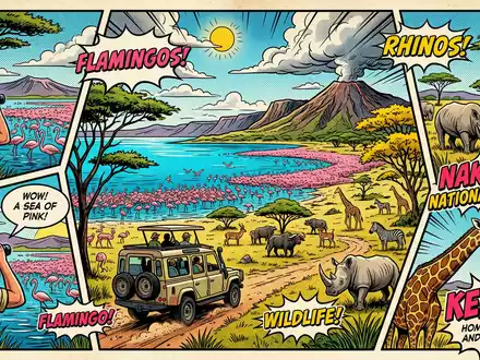 Pop-Art-Comicillustration des Wahrzeichens Lake-Nakuru-Nationalpark in Nakuru Kenia, kraeftige Konturen Rasterpunkte und satte Farben - Foto: THN