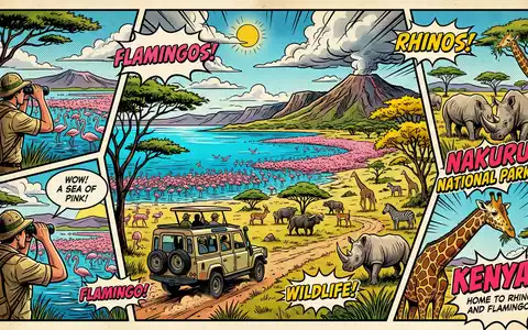 Pop-Art-Comicillustration des Wahrzeichens Lake-Nakuru-Nationalpark in Nakuru Kenia, kraeftige Konturen Rasterpunkte und satte Farben - Foto: THN
