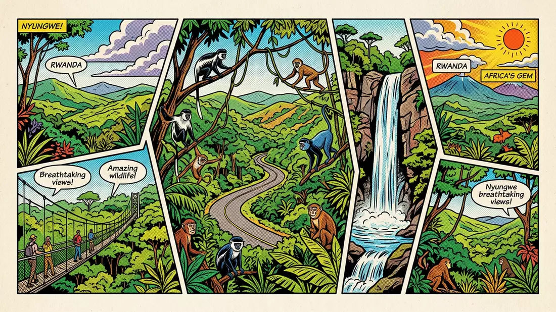 Pop-Art-Comic von Nyungwe-Forest-Nationalpark in Nyamagabe, Ruanda mit Rasterpunkten