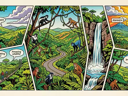 Pop-Art-Comicillustration des Wahrzeichens Nyungwe-Forest-Nationalpark in Nyamagabe Ruanda, kraeftige Konturen Rasterpunkte und satte Farben - Foto: THN