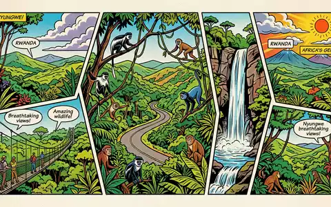 Pop-Art-Comicillustration des Wahrzeichens Nyungwe-Forest-Nationalpark in Nyamagabe Ruanda, kraeftige Konturen Rasterpunkte und satte Farben - Foto: THN