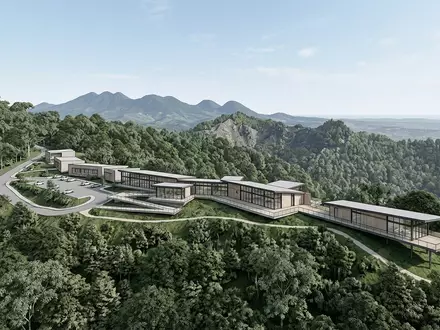 Moderner Architektur-Render zeigt Silhouette von Nyungwe-Forest-Nationalpark in Nyamagabe Ruanda, klare Linien und neutrales Tageslicht - Foto: THN