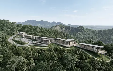 Moderner Architektur-Render zeigt Silhouette von Nyungwe-Forest-Nationalpark in Nyamagabe Ruanda, klare Linien und neutrales Tageslicht - Foto: THN