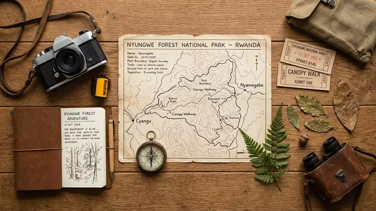 Flatlay-Reise-Arrangement rund um Nyungwe-Forest-Nationalpark in Nyamagabe, Ruanda