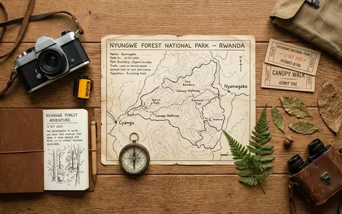 Flatlay-Reise-Arrangement rund um Nyungwe-Forest-Nationalpark in Nyamagabe Ruanda, Karte Kompass Kamera und generische Reiserequisiten - Foto: THN
