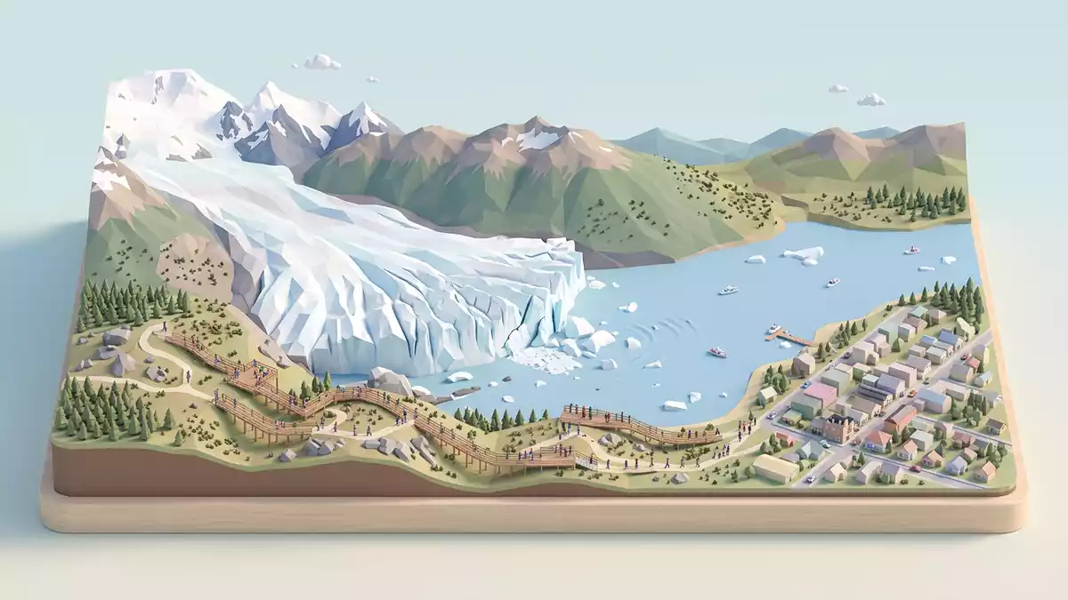 Isometrisches Diorama von Perito-Moreno-Gletscher in El Calafate, Argentinien in Pastell