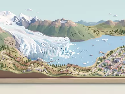 Isometrisches Diorama von Perito-Moreno-Gletscher und Umgebung in El Calafate Argentinien, verspielte Low-Poly-Kulisse in Pastellfarben - Foto: THN