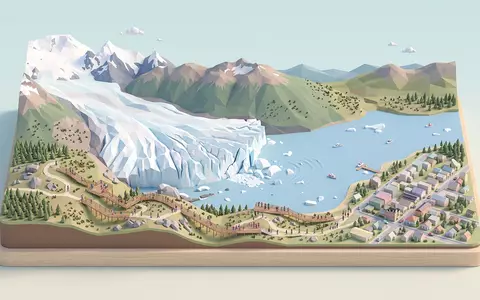 Isometrisches Diorama von Perito-Moreno-Gletscher und Umgebung in El Calafate Argentinien, verspielte Low-Poly-Kulisse in Pastellfarben - Foto: THN
