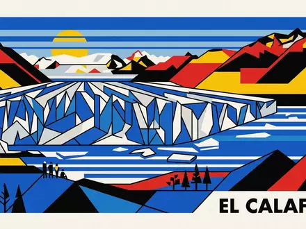 Bauhaus-Poster als geometrische Abstraktion von Perito-Moreno-Gletscher in El Calafate Argentinien, kraeftige Grundfarben und harte Formkanten - Foto: THN