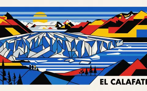 Bauhaus-Poster als geometrische Abstraktion von Perito-Moreno-Gletscher in El Calafate Argentinien, kraeftige Grundfarben und harte Formkanten - Foto: THN