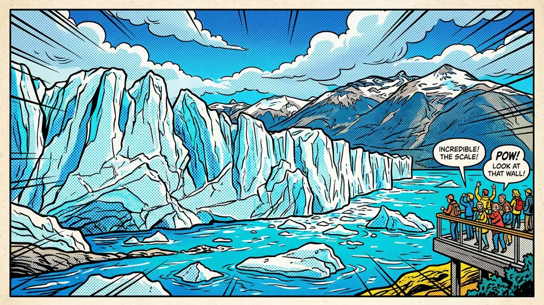Pop-Art-Comic von Perito-Moreno-Gletscher in El Calafate, Argentinien mit Rasterpunkten