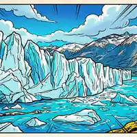 Pop-Art-Comicillustration des Wahrzeichens Perito-Moreno-Gletscher in El Calafate Argentinien, kraeftige Konturen Rasterpunkte und satte Farben - Foto: THN