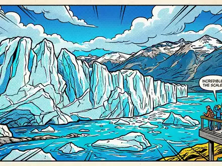 Pop-Art-Comicillustration des Wahrzeichens Perito-Moreno-Gletscher in El Calafate Argentinien, kraeftige Konturen Rasterpunkte und satte Farben - Foto: THN