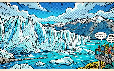 Pop-Art-Comicillustration des Wahrzeichens Perito-Moreno-Gletscher in El Calafate Argentinien, kraeftige Konturen Rasterpunkte und satte Farben - Foto: THN