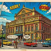 Pop-Art-Comicillustration des Wahrzeichens Teatro Colon in Buenos Aires Argentinien, kraeftige Konturen Rasterpunkte und satte Farben - Foto: THN