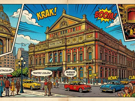 Pop-Art-Comicillustration des Wahrzeichens Teatro Colon in Buenos Aires Argentinien, kraeftige Konturen Rasterpunkte und satte Farben - Foto: THN