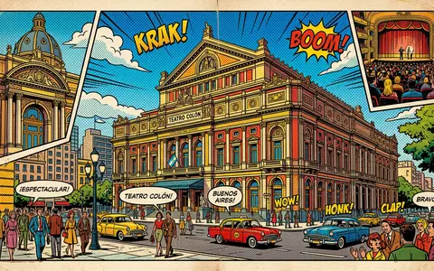 Pop-Art-Comicillustration des Wahrzeichens Teatro Colon in Buenos Aires Argentinien, kraeftige Konturen Rasterpunkte und satte Farben - Foto: THN