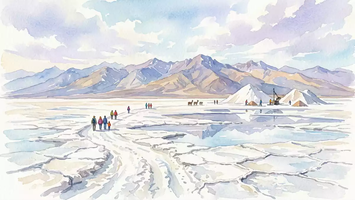 Aquarell-Illustration von Salinas Grandes Jujuy in Jujuy, Argentinien als Reiseposter
