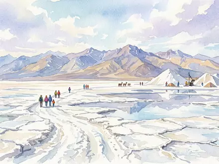 Aquarellillustration des Wahrzeichens Salinas Grandes Jujuy in Jujuy Argentinien, weiche Farbverläufe und pastelliges Reiseposter-Feeling - Foto: THN