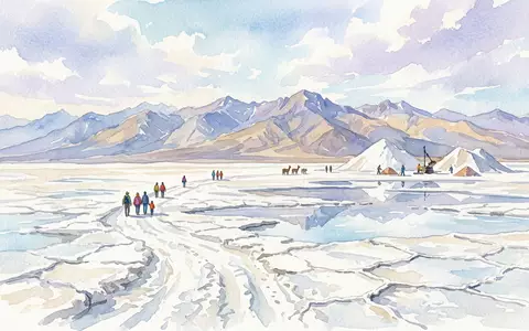 Aquarellillustration des Wahrzeichens Salinas Grandes Jujuy in Jujuy Argentinien, weiche Farbverläufe und pastelliges Reiseposter-Feeling - Foto: THN