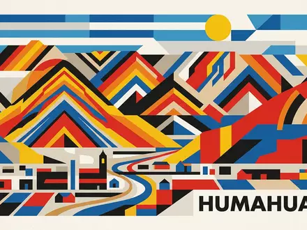 Bauhaus-Poster als geometrische Abstraktion von Quebrada de Humahuaca in Humahuaca Argentinien, kraeftige Grundfarben und harte - Foto: THN