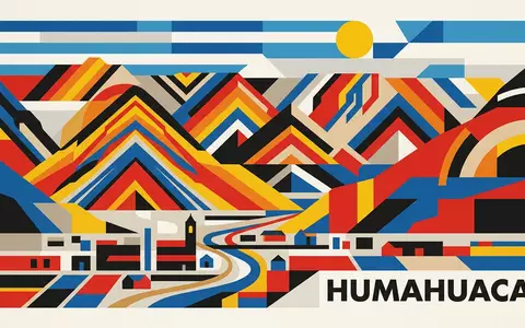 Bauhaus-Poster als geometrische Abstraktion von Quebrada de Humahuaca in Humahuaca Argentinien, kraeftige Grundfarben und harte - Foto: THN