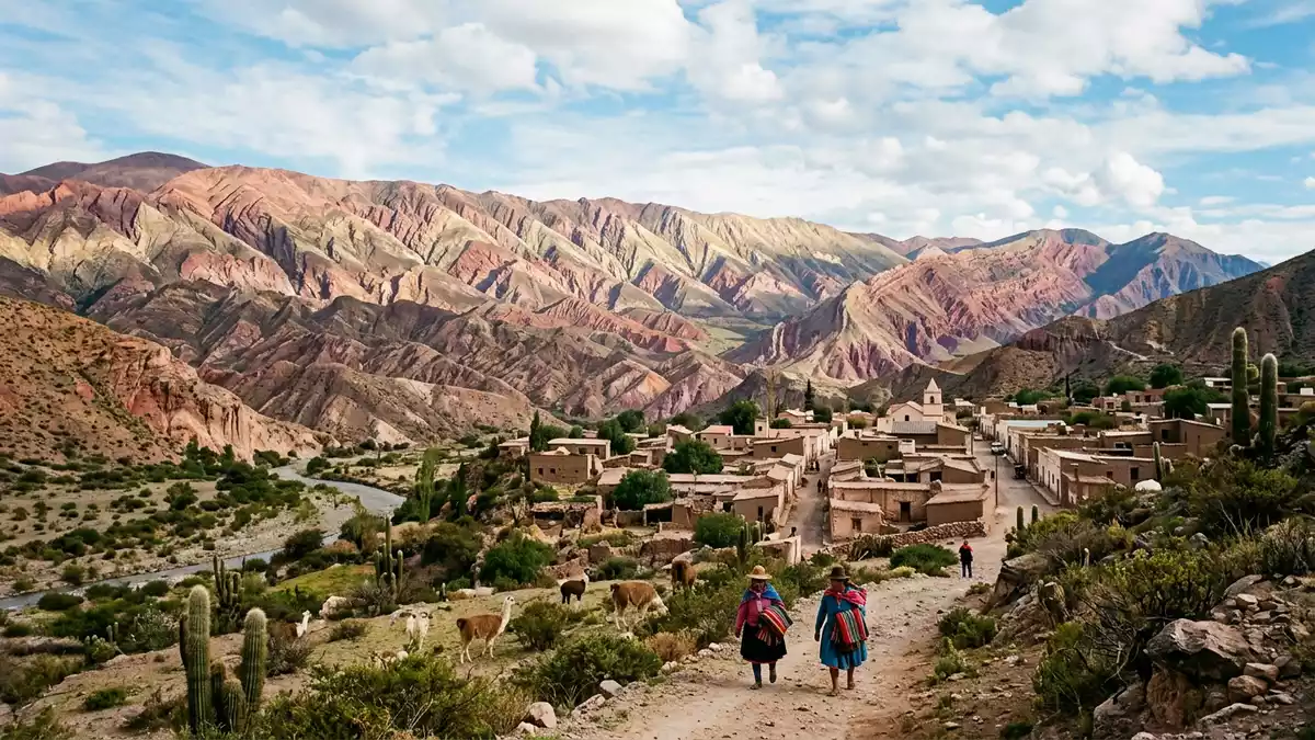 Editorial-Reisemagazinbild vom Wahrzeichen Quebrada de Humahuaca in Humahuaca, Argentinien