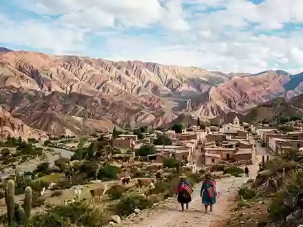 Editorialbild im Reisemagazin-Stil vom Wahrzeichen Quebrada de Humahuaca in Humahuaca Argentinien, ausgewogene Bildgestaltung und natuerliches - Foto: THN