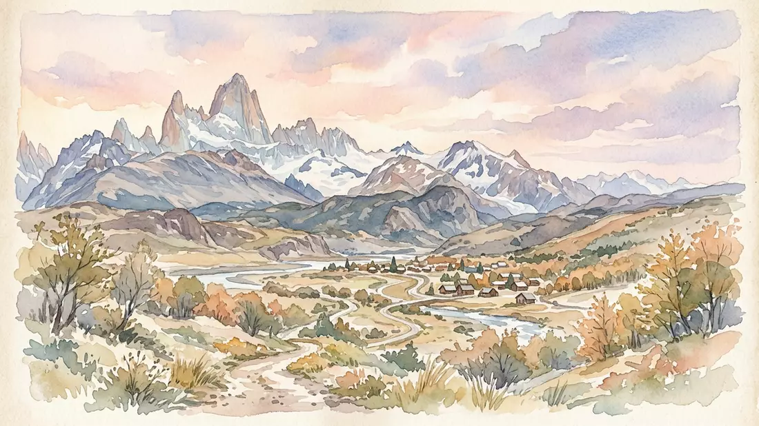 Aquarell-Illustration von Fitz Roy in El Chalten, Argentinien als Reiseposter