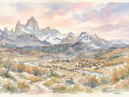 Aquarellillustration des Wahrzeichens Fitz Roy in El Chalten Argentinien, weiche Farbverläufe und pastelliges Reiseposter-Feeling - Foto: THN