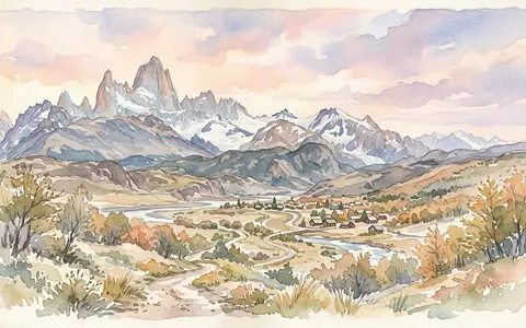 Aquarellillustration des Wahrzeichens Fitz Roy in El Chalten Argentinien, weiche Farbverläufe und pastelliges Reiseposter-Feeling - Foto: THN