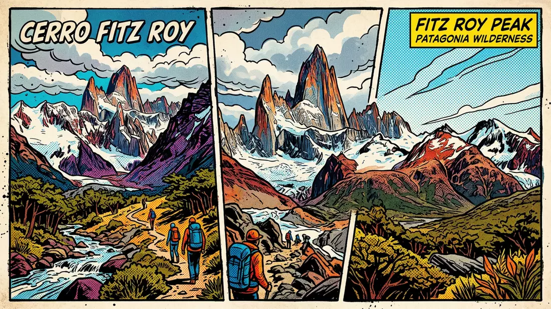 Pop-Art-Comic von Fitz Roy in El Chalten, Argentinien mit Rasterpunkten
