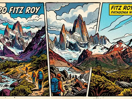 Pop-Art-Comicillustration des Wahrzeichens Fitz Roy in El Chalten Argentinien, kraeftige Konturen Rasterpunkte und satte Farben - Foto: THN