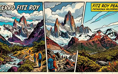 Pop-Art-Comicillustration des Wahrzeichens Fitz Roy in El Chalten Argentinien, kraeftige Konturen Rasterpunkte und satte Farben - Foto: THN