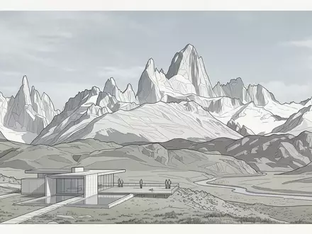 Moderner Architektur-Render zeigt Silhouette von Fitz Roy in El Chalten Argentinien, klare Linien und neutrales - Foto: THN