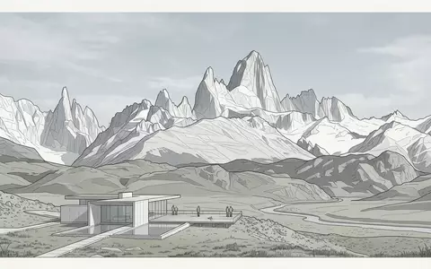 Moderner Architektur-Render zeigt Silhouette von Fitz Roy in El Chalten Argentinien, klare Linien und neutrales - Foto: THN