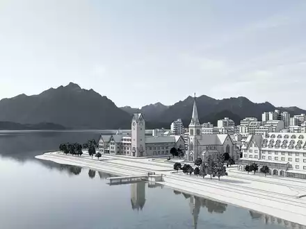 Moderner Architektur-Render zeigt Silhouette von Bariloche in Bariloche Argentinien, klare Linien und neutrales Tageslicht - Foto: THN