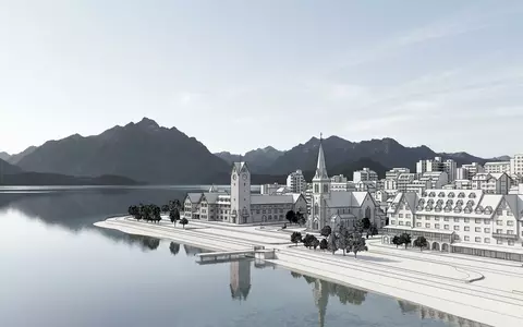 Moderner Architektur-Render zeigt Silhouette von Bariloche in Bariloche Argentinien, klare Linien und neutrales Tageslicht - Foto: THN