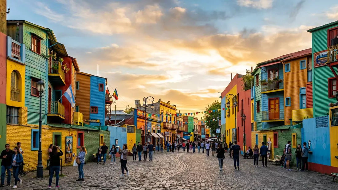 Fotorealistische Ansicht von La Boca Caminito in Buenos Aires, Argentinien im Abendlicht