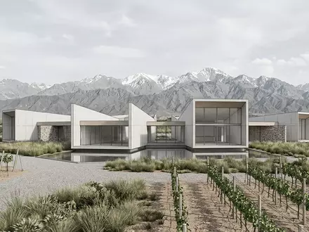 Moderner Architektur-Render zeigt Silhouette von Mendoza Weinregion in Mendoza Argentinien, klare Linien und neutrales Tageslicht - Foto: THN