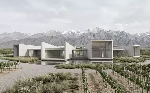 Moderner Architektur-Render zeigt Silhouette von Mendoza Weinregion in Mendoza Argentinien, klare Linien und neutrales Tageslicht - Foto: THN
