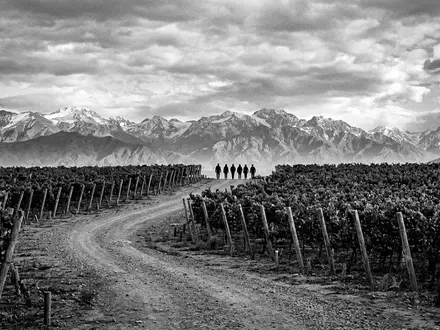Schwarzweiss-Reportagebild vom Wahrzeichen Mendoza Weinregion in Mendoza Argentinien, dokumentarische Reisefotografie mit starken Kontrasten - Foto: THN