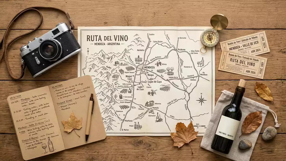 Flatlay-Reise-Arrangement rund um Mendoza Weinregion in Mendoza, Argentinien