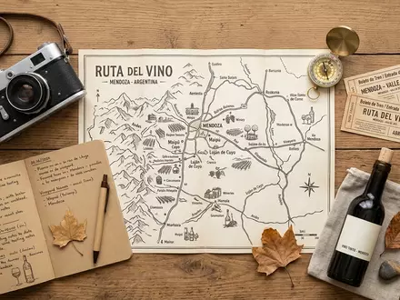 Flatlay-Reise-Arrangement rund um Mendoza Weinregion in Mendoza Argentinien, Karte Kompass Kamera und generische Reiserequisiten - Foto: THN