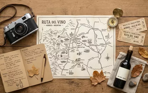 Flatlay-Reise-Arrangement rund um Mendoza Weinregion in Mendoza Argentinien, Karte Kompass Kamera und generische Reiserequisiten - Foto: THN